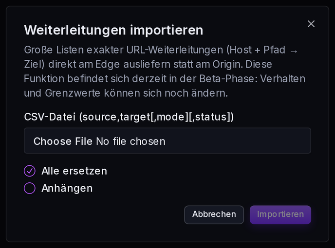 Der Import-Dialog: CSV-Datei wählen und zwischen Ersetzen und Anhängen entscheiden.