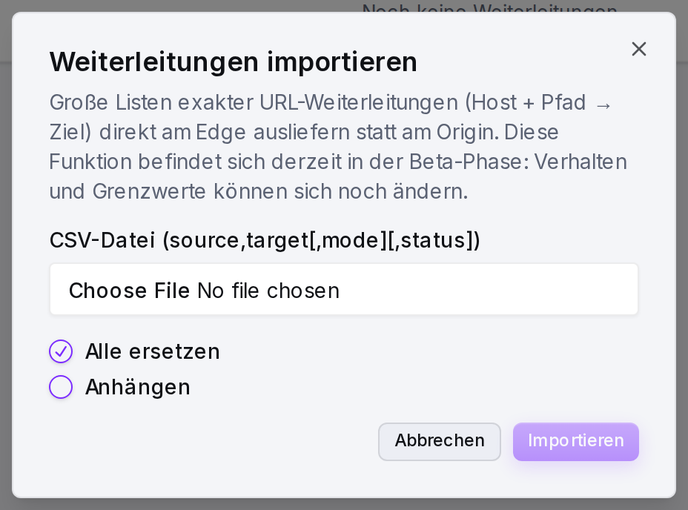 Der Import-Dialog: CSV-Datei wählen und zwischen Ersetzen und Anhängen entscheiden.