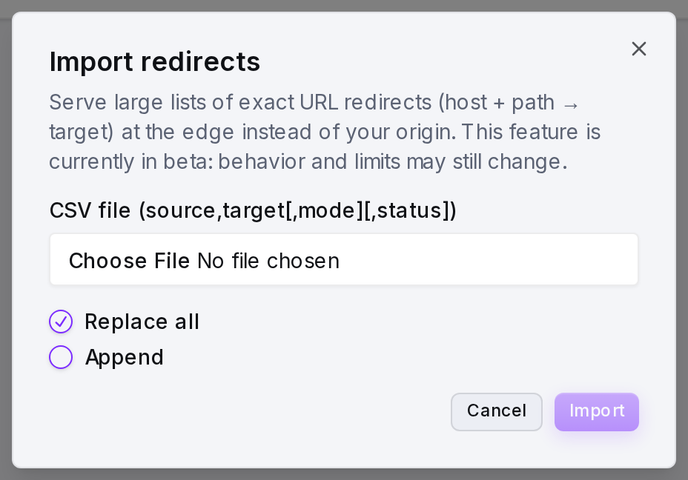 The import dialog: choose a CSV file and whether to replace or append.