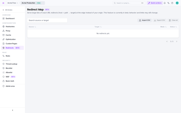 A zone's redirect map: a searchable, sortable table of exact redirects.