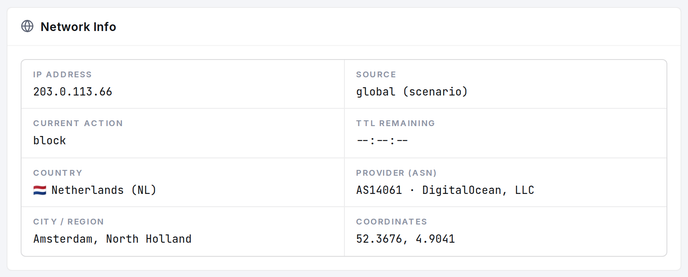 The Network Info card: geolocation and network operator for the looked-up IP.
