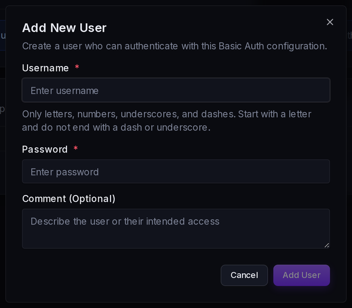 The Add New User form: username, password and an optional comment.
