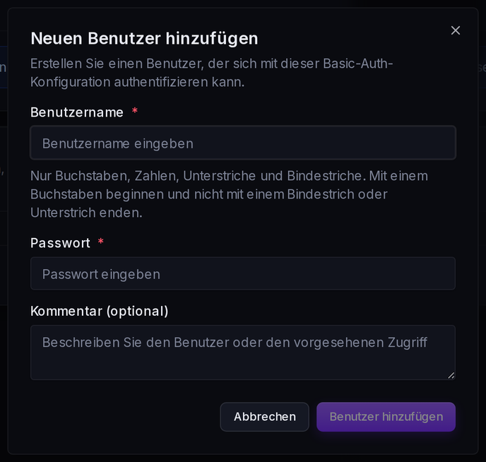 Das Formular „Neuen Benutzer hinzufügen“: Benutzername, Passwort und ein optionaler Kommentar.