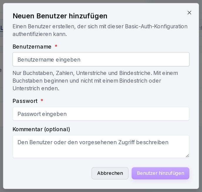 Das Formular „Neuen Benutzer hinzufügen“: Benutzername, Passwort und ein optionaler Kommentar.