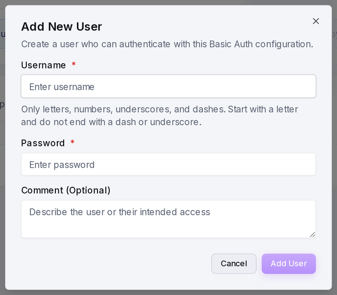 The Add New User form: username, password and an optional comment.