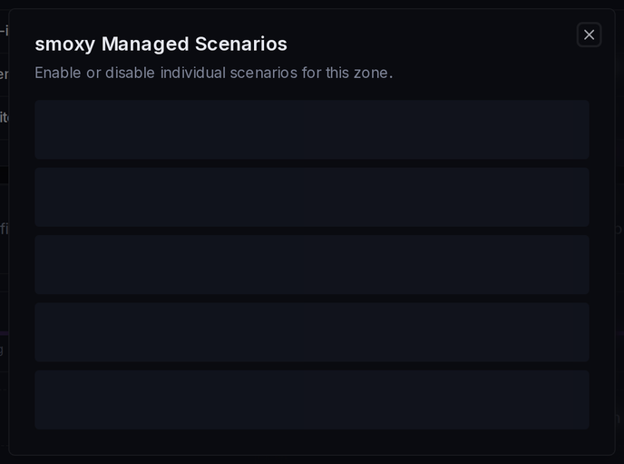 The Managed Scenarios dialog: each scenario with a per-zone on/off toggle.