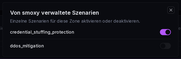 Der Dialog der verwalteten Szenarien: jedes Szenario mit einem Ein/Aus-Schalter pro Zone.