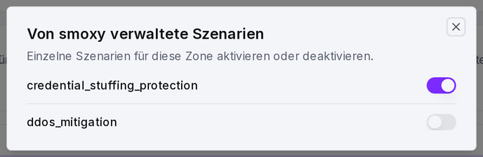 Der Dialog der verwalteten Szenarien: jedes Szenario mit einem Ein/Aus-Schalter pro Zone.