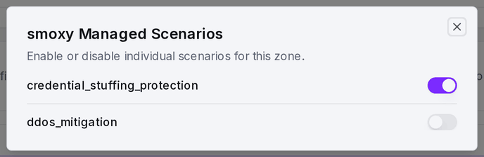 The Managed Scenarios dialog: each scenario with a per-zone on/off toggle.