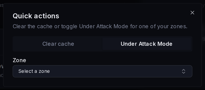 The Under Attack Mode tab of the quick-actions dialog, with the warning shown before enabling.