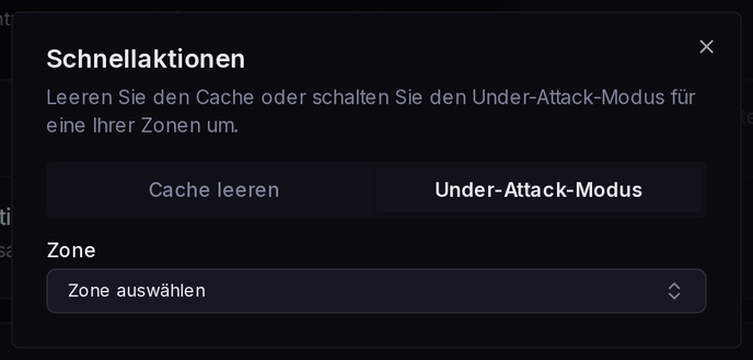 Der Under-Attack-Modus-Tab des Schnellaktionen-Dialogs mit dem Warnhinweis vor dem Aktivieren.