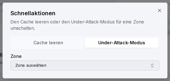 Der Under-Attack-Modus-Tab des Schnellaktionen-Dialogs mit dem Warnhinweis vor dem Aktivieren.