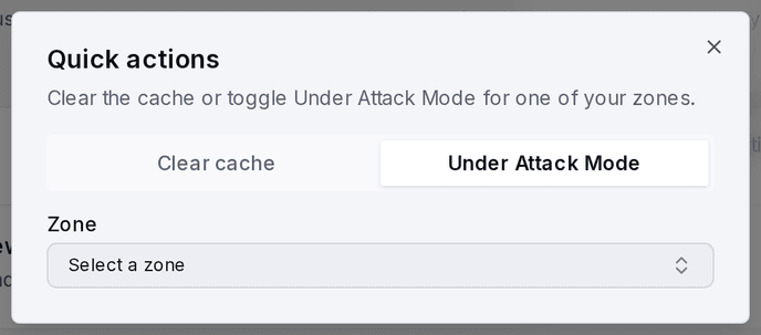The Under Attack Mode tab of the quick-actions dialog, with the warning shown before enabling.