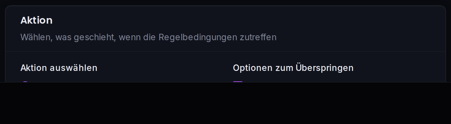 Die Aktions-Karte: Auswahl zwischen Zulassen, Überspringen, Challenge oder Blockieren; Überspringen zeigt die Flags zum Umgehen von WAF und Challenge.