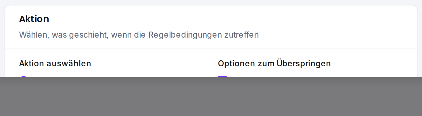 Die Aktions-Karte: Auswahl zwischen Zulassen, Überspringen, Challenge oder Blockieren; Überspringen zeigt die Flags zum Umgehen von WAF und Challenge.