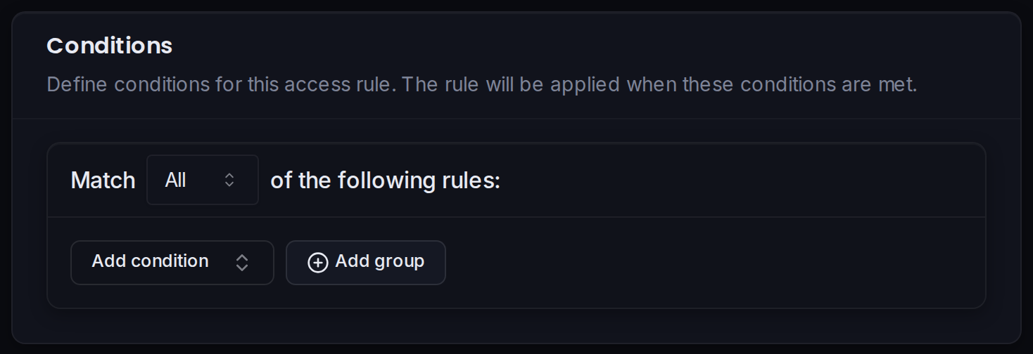 The condition builder: match requests by IP, location, headers and more using AND/OR logic.