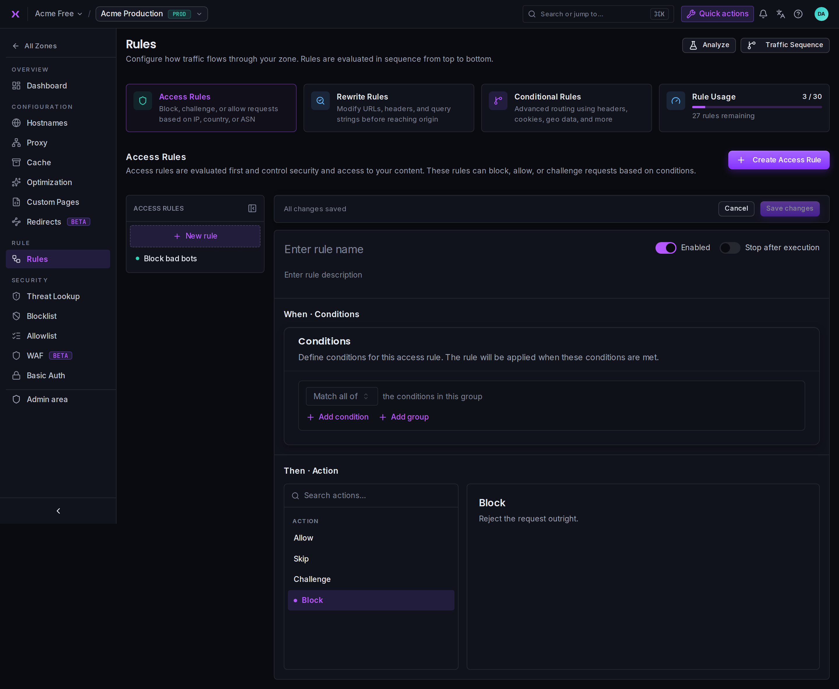 The Access Rule editor: name, description, Enabled and Stop Mode toggles, the When conditions and the Then action, with the rule list in the left rail.