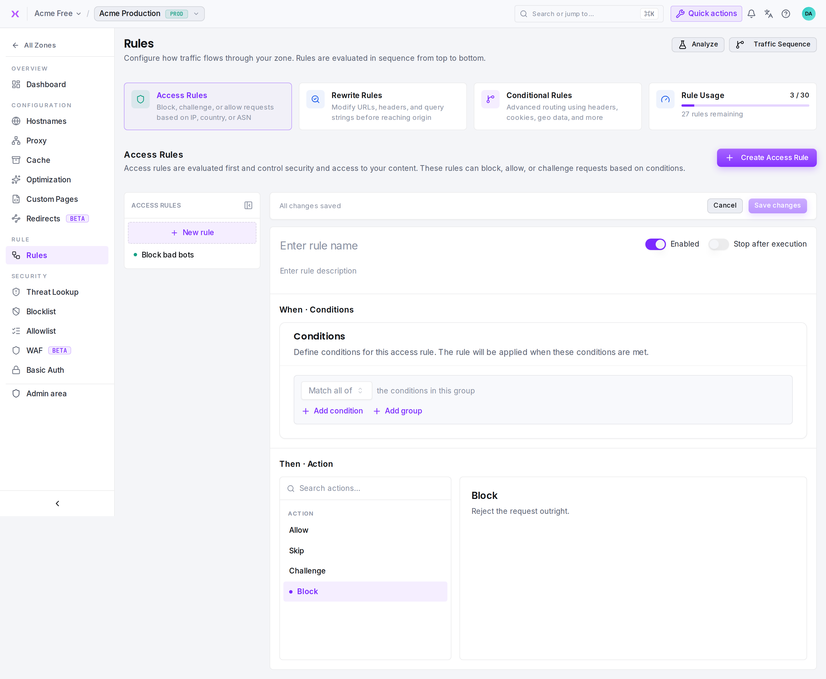 The Access Rule editor: name, description, Enabled and Stop Mode toggles, the When conditions and the Then action, with the rule list in the left rail.