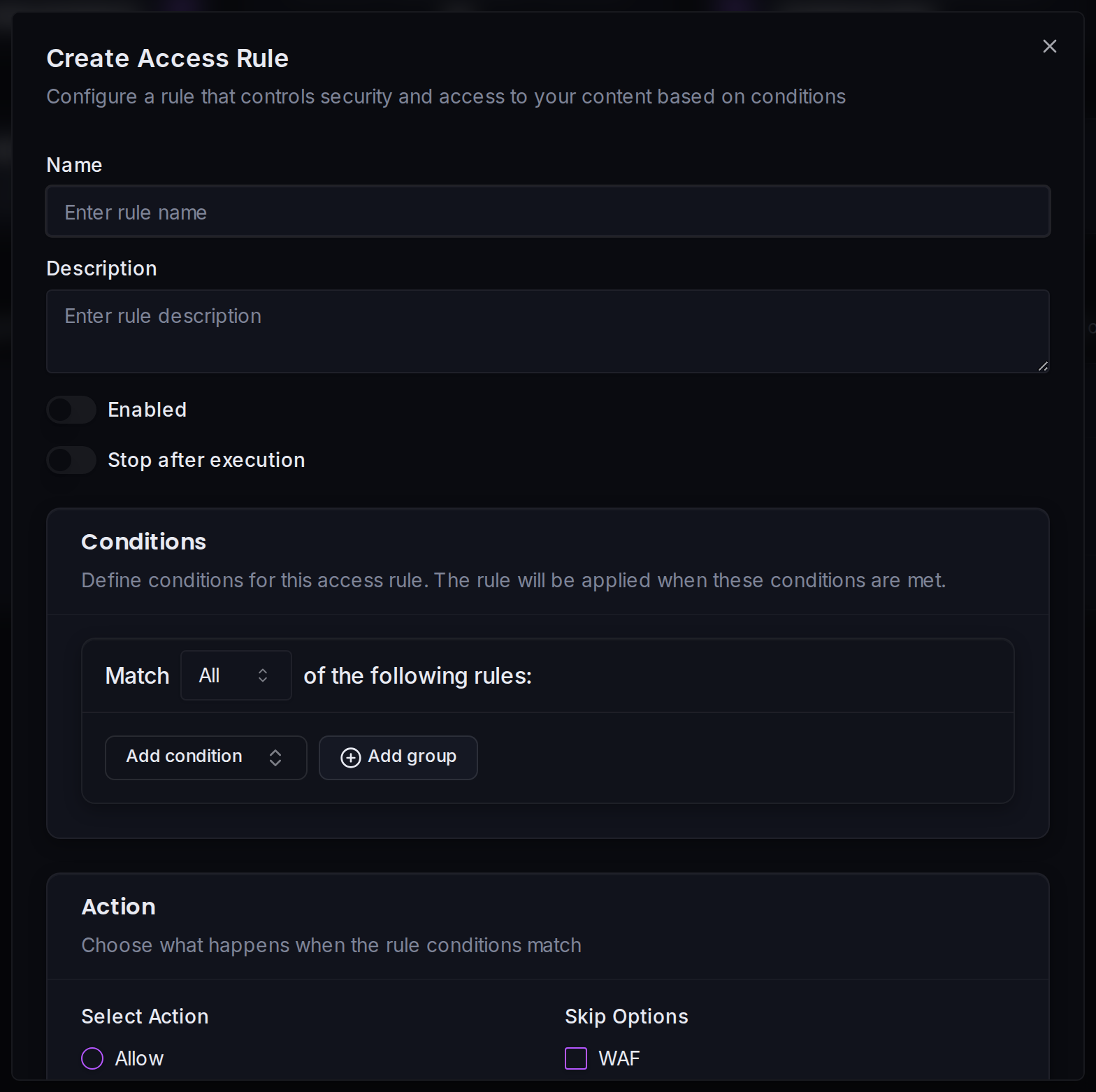 The Access Rule editor: name, description, Enable and Stop Mode toggles, conditions and action.