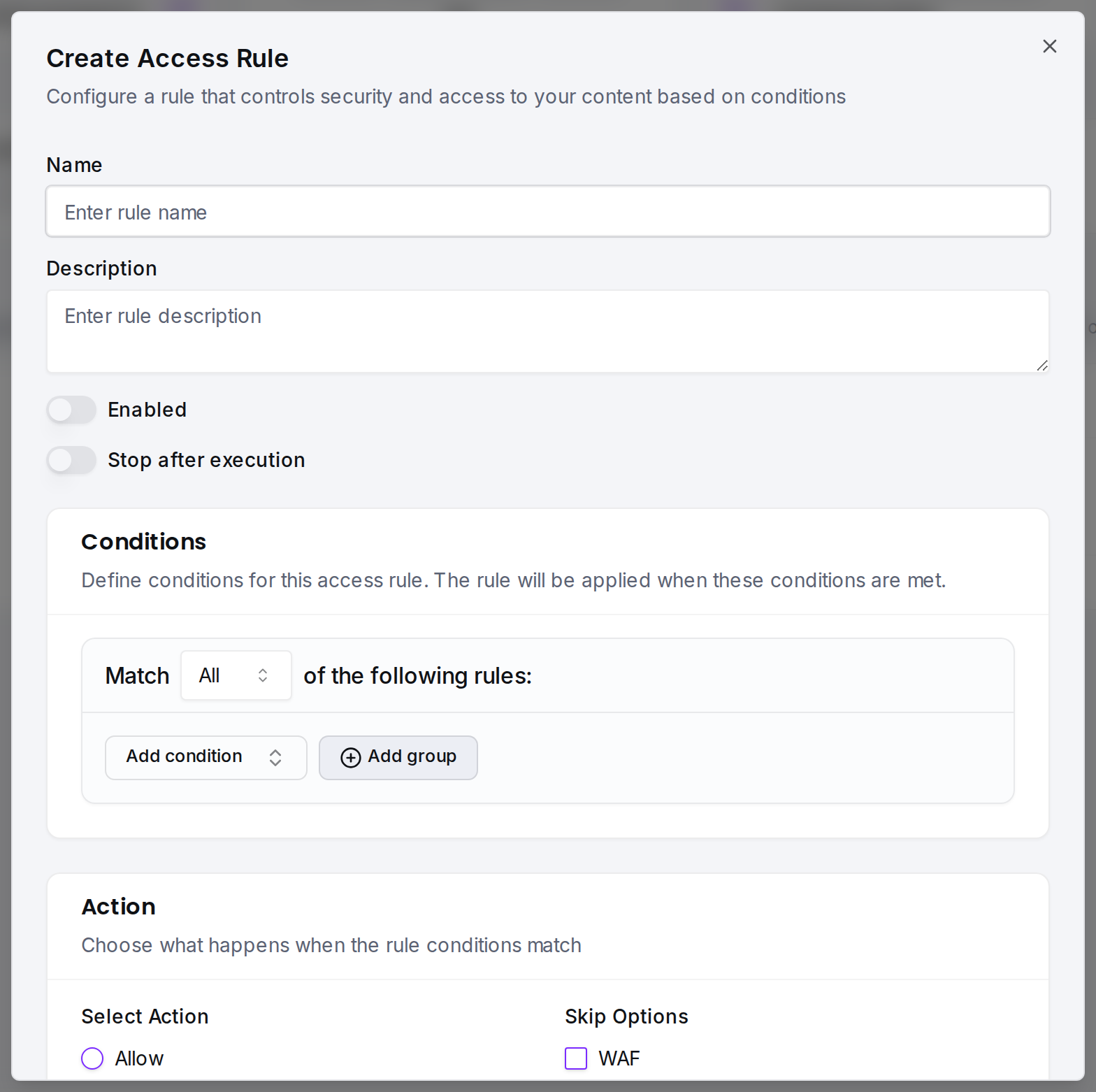 The Access Rule editor: name, description, Enable and Stop Mode toggles, conditions and action.
