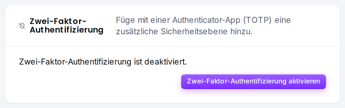 Die Karte „Zwei-Faktor-Authentifizierung“ auf der Konto-Seite.