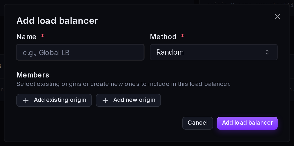 The Add load balancer form: name, method and the origins assigned as members with their weights.