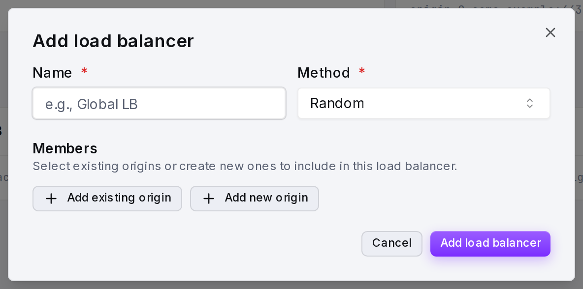 The Add load balancer form: name, method and the origins assigned as members with their weights.
