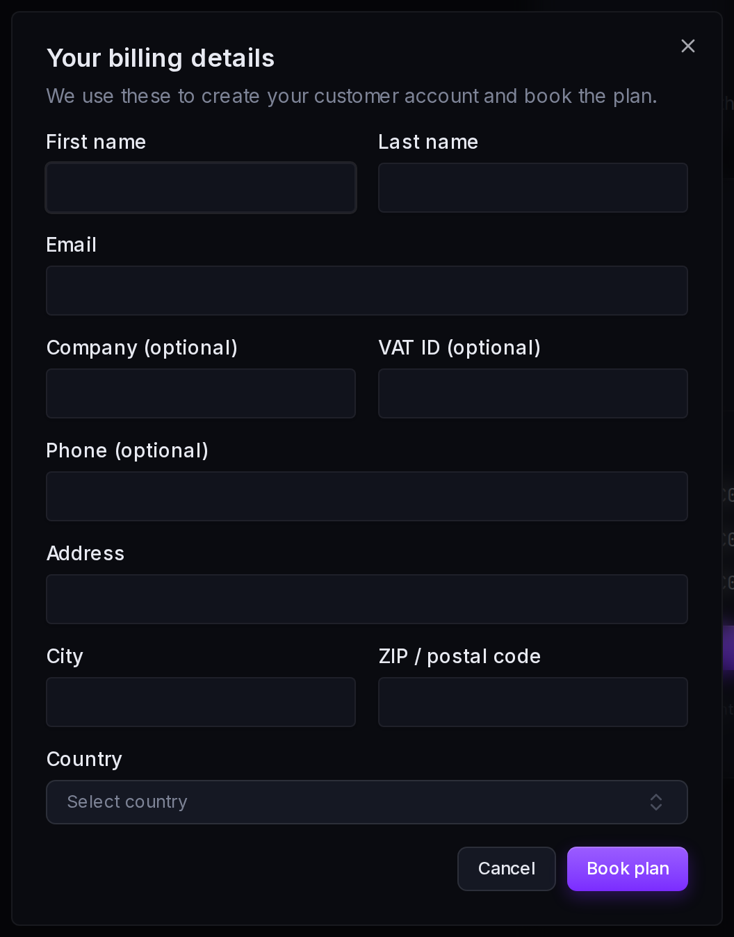 The billing details form opened by Book this plan: name, email, company, VAT ID, and billing address.