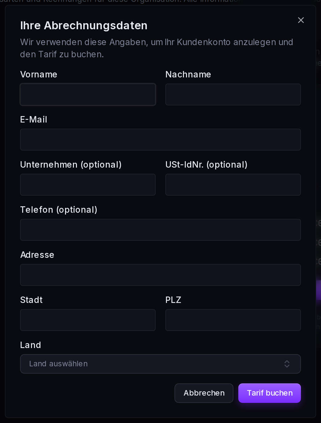 Das über „Diesen Tarif buchen“ geöffnete Formular für Abrechnungsdaten: Name, E-Mail, Unternehmen, USt-IdNr. und Rechnungsadresse.