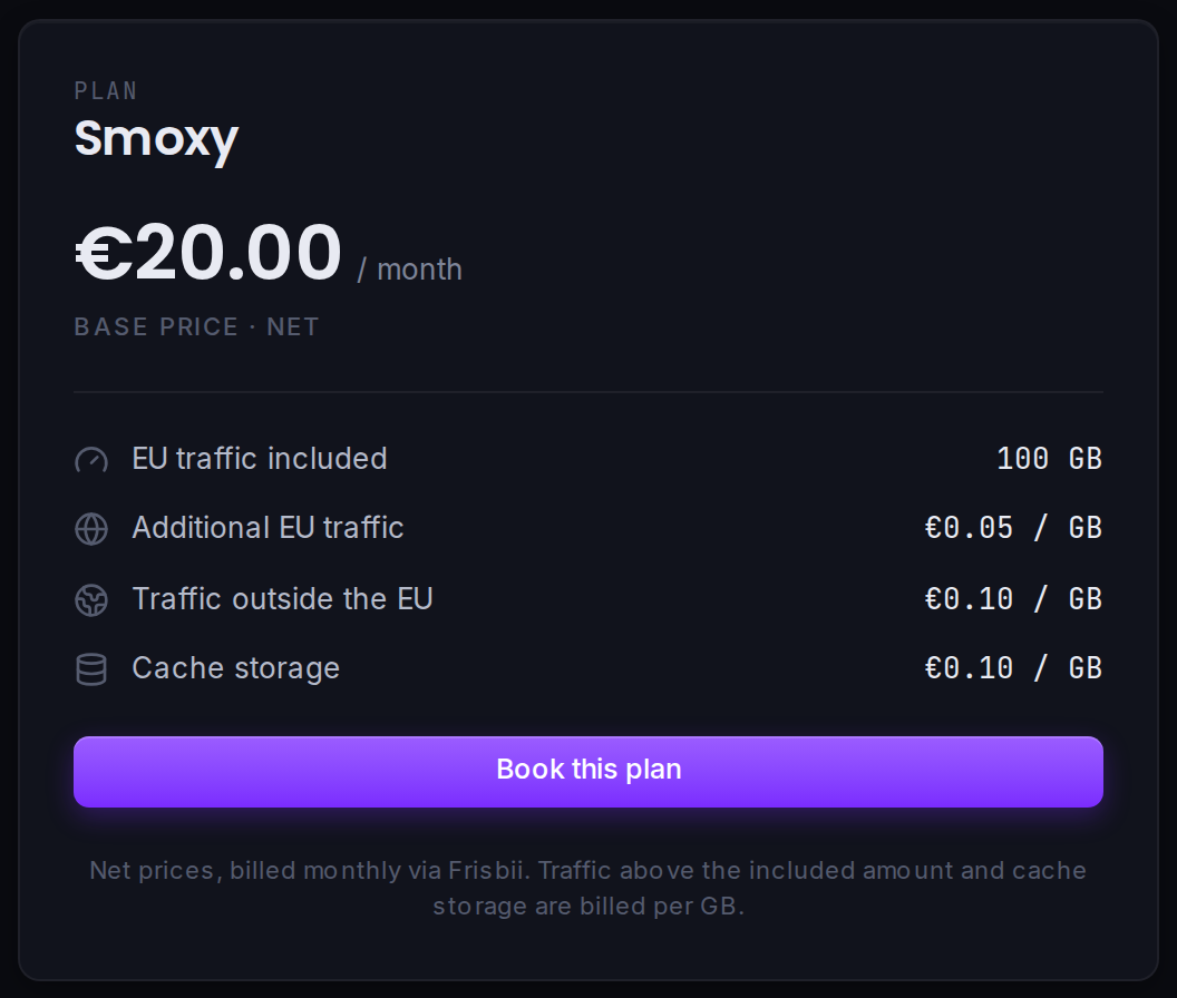 The plan card: base price plus the per-GB rates for traffic and cache storage.