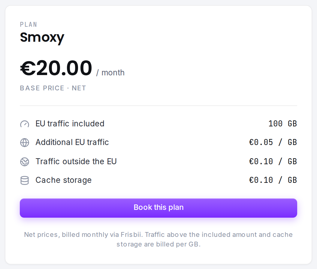 The plan card: base price plus the per-GB rates for traffic and cache storage.