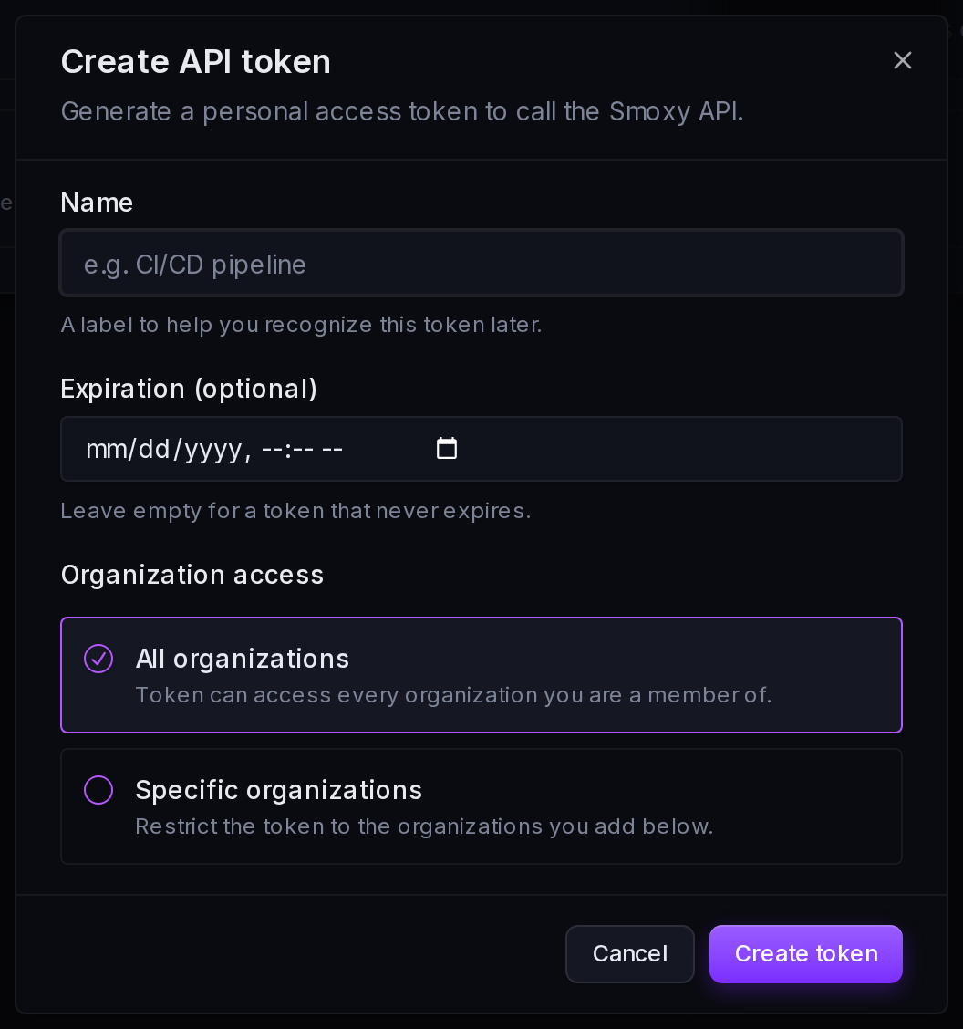 The Create API token form: name, optional expiration and organization access.