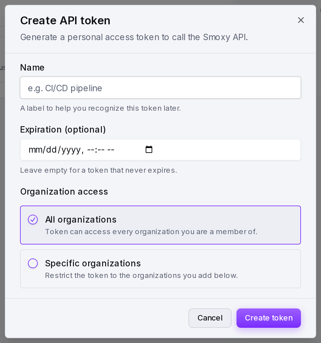 The Create API token form: name, optional expiration and organization access.