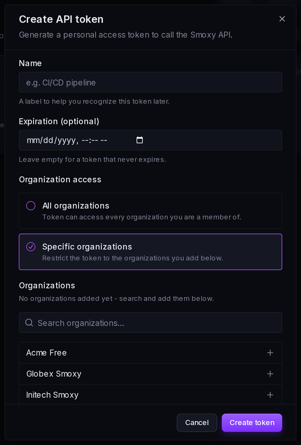 Restricting a token to specific organizations: search for and add each one.