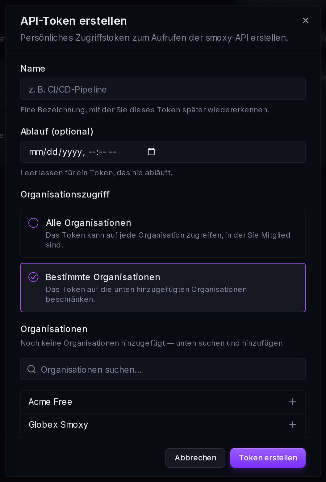 Beschränkung eines Tokens auf bestimmte Organisationen: jede einzeln suchen und hinzufügen.