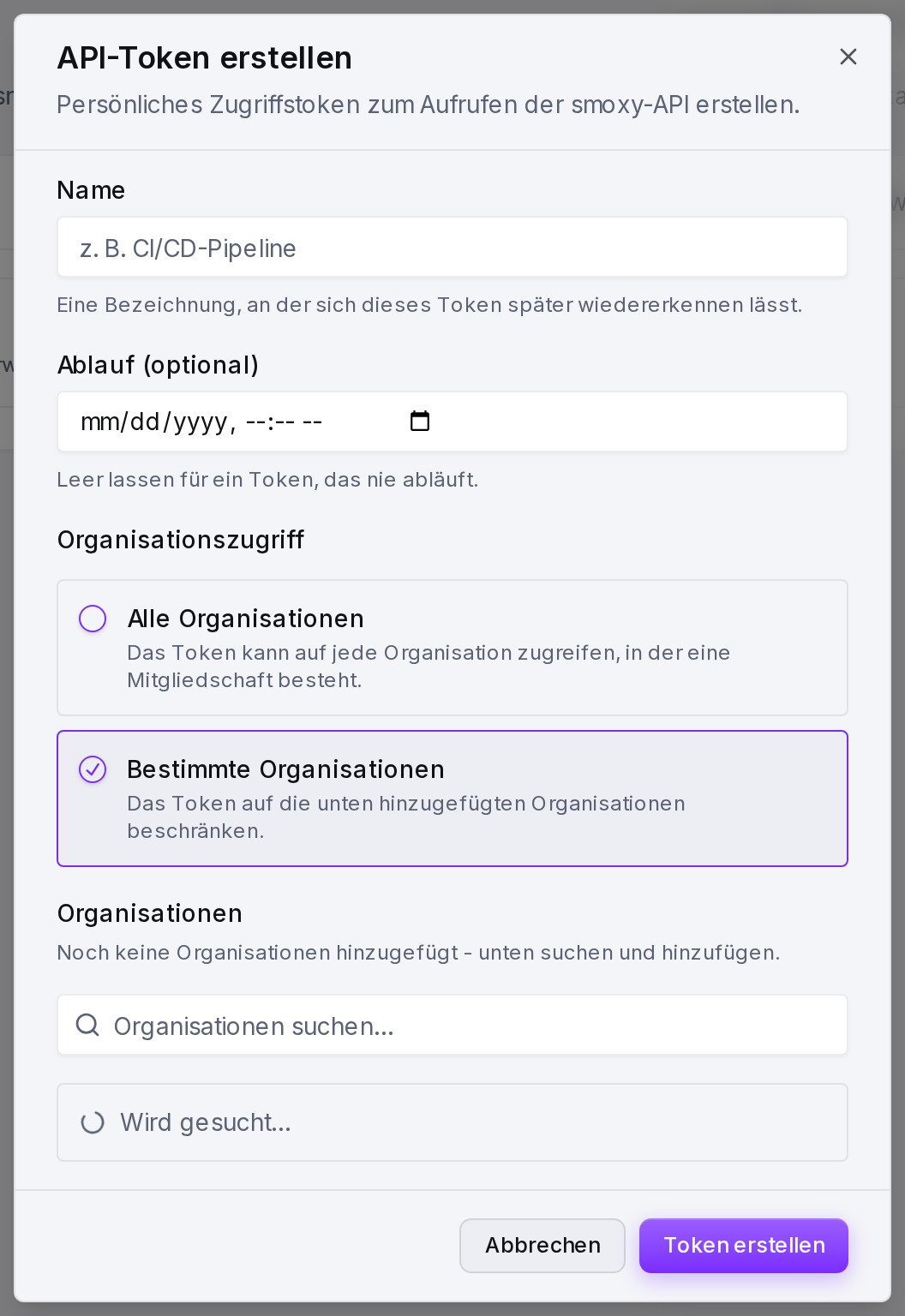 Beschränkung eines Tokens auf bestimmte Organisationen: jede einzeln suchen und hinzufügen.