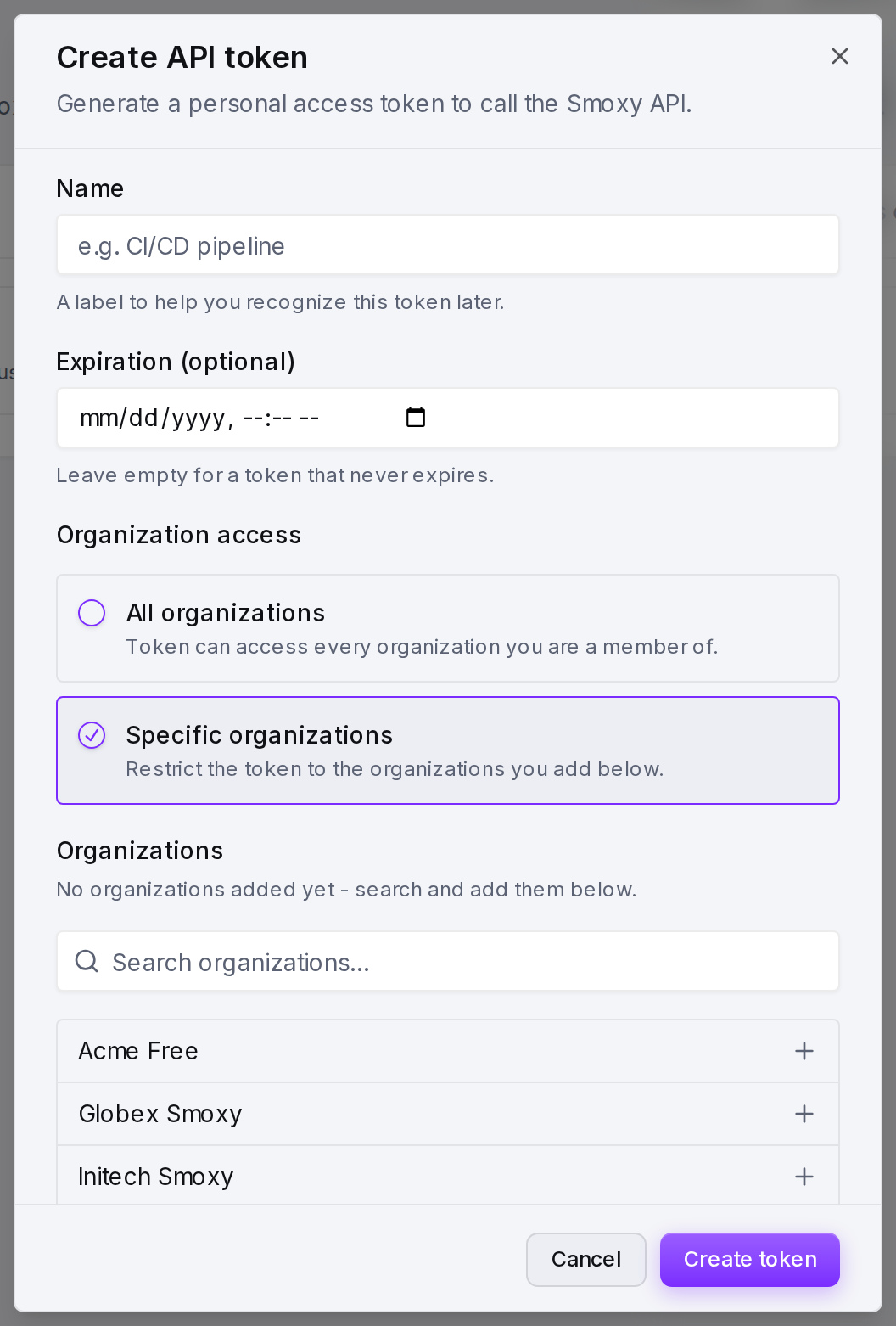 Restricting a token to specific organizations: search for and add each one.
