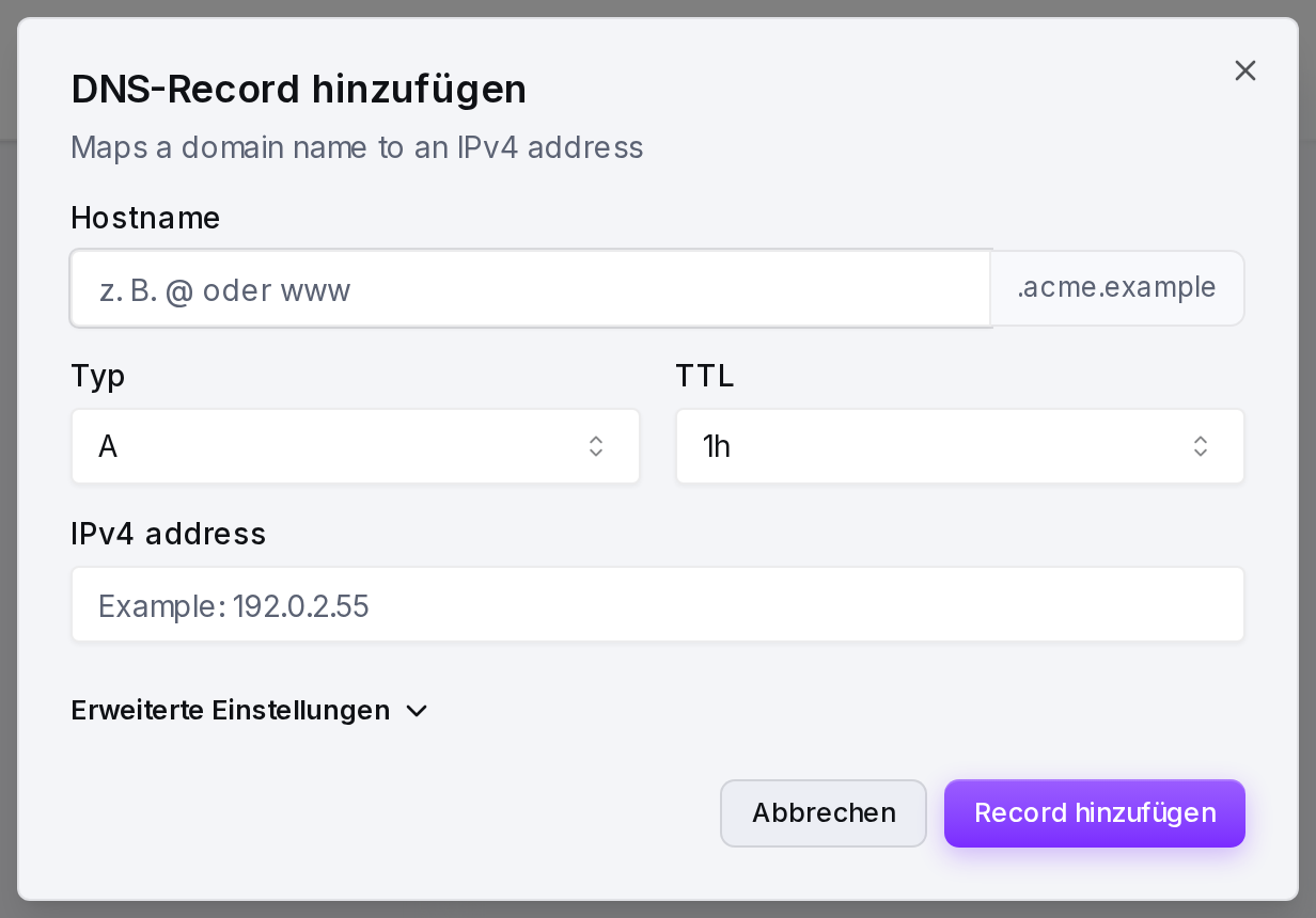 Das Formular „DNS-Record hinzufügen“: Hostname, Typ, TTL und Wert.