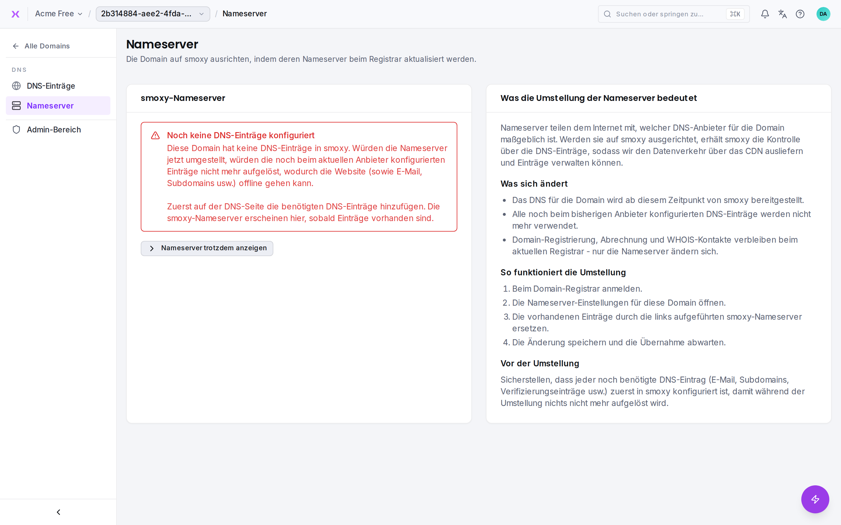 Die Nameserver-Ansicht: die beiden smoxy-Nameserver, die beim Registrar zu hinterlegen sind.