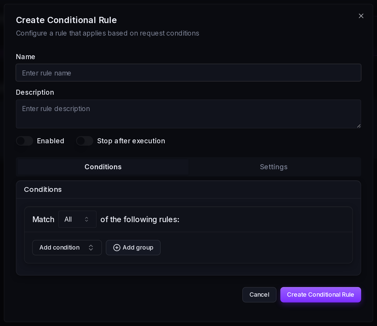 The Conditional Rule dialog on the Conditions tab, where the OR conditions matching the Google crawler User-Agents are added.