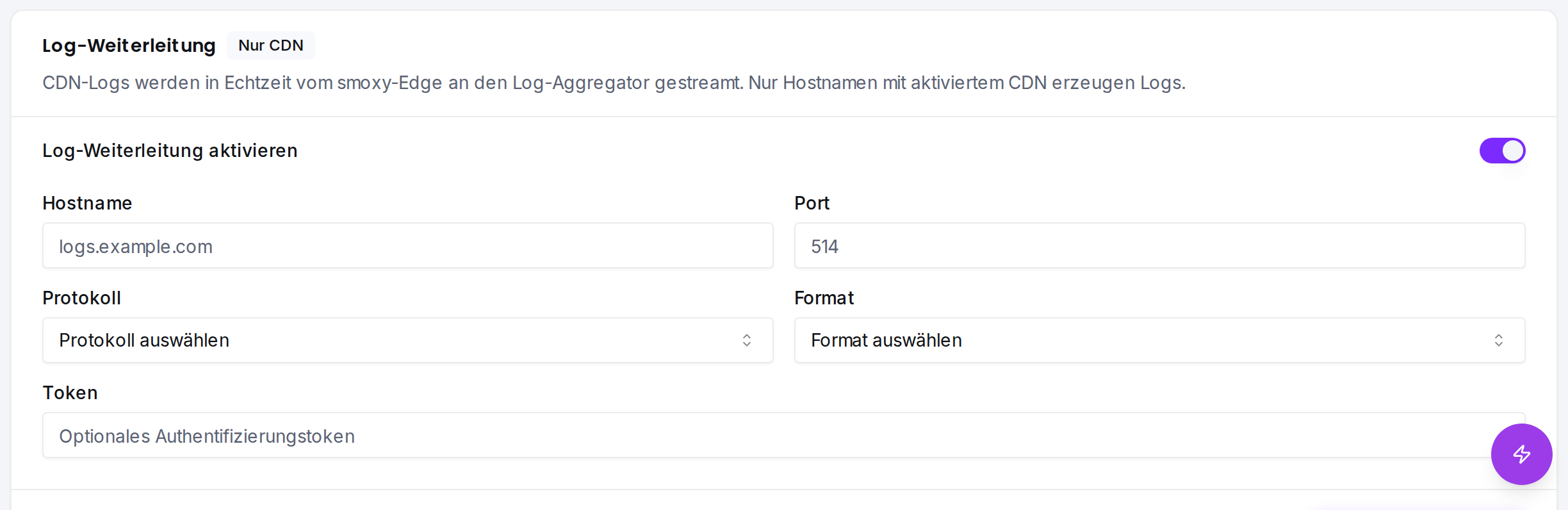 Die Einstellungen zur Log-Weiterleitung auf der Proxy-Seite: Empfänger-Hostname, Port, Protokoll, Format und Token.