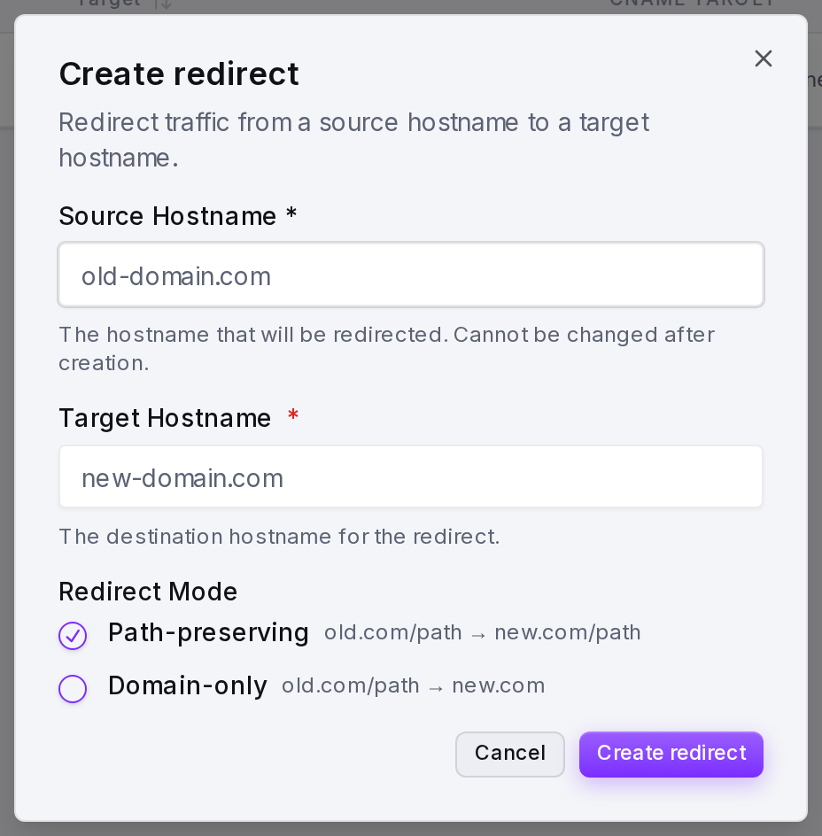 The New Redirect form: source hostname, target hostname and redirect mode.
