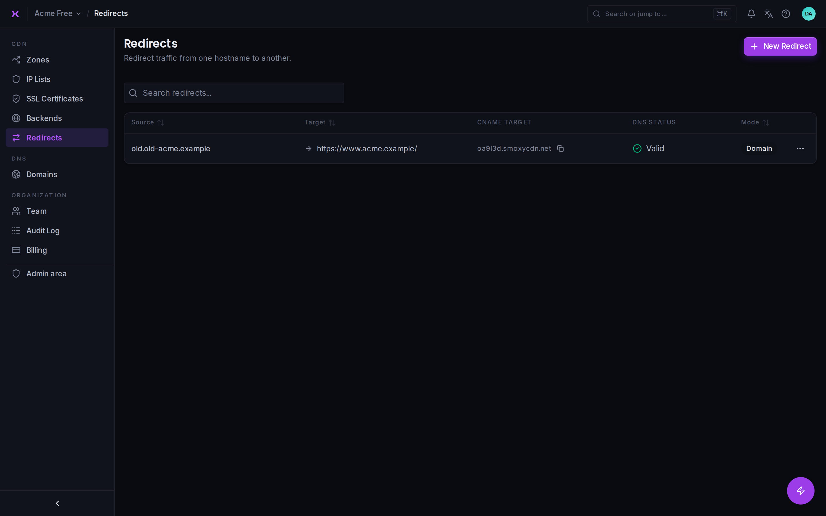Redirects are managed at the organization level.