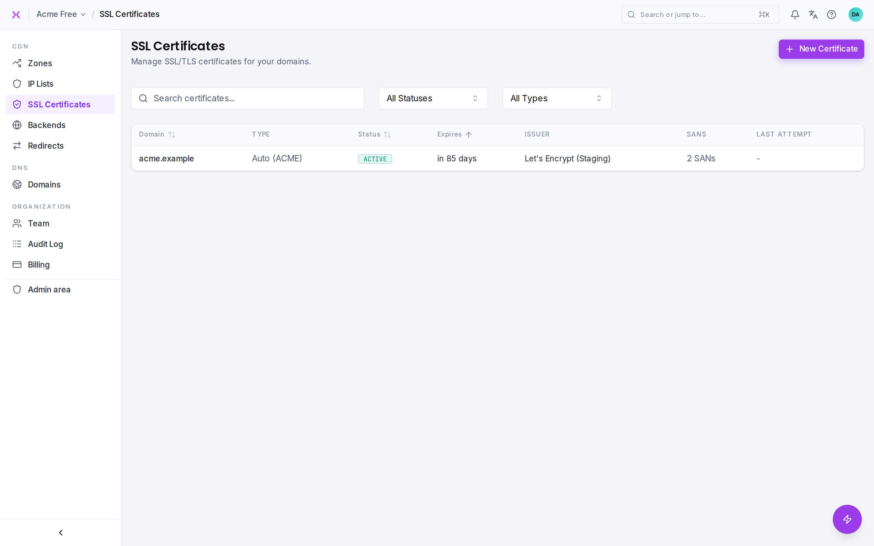 Upload and manage self-managed SSL certificates.