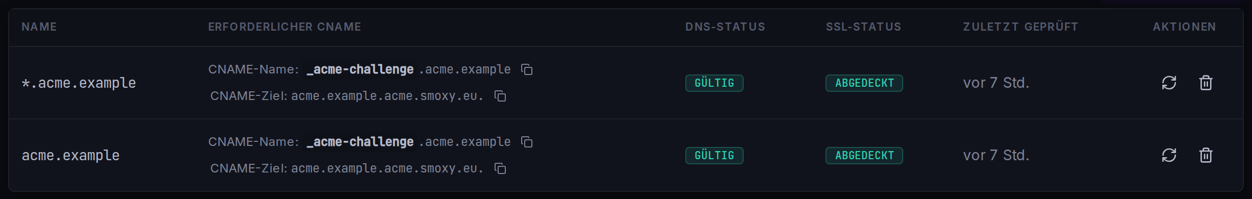 Die SAN-Tabelle in der Zertifikatsansicht: DNS- und SSL-Status je Name sowie der erforderliche CNAME-Eintrag.