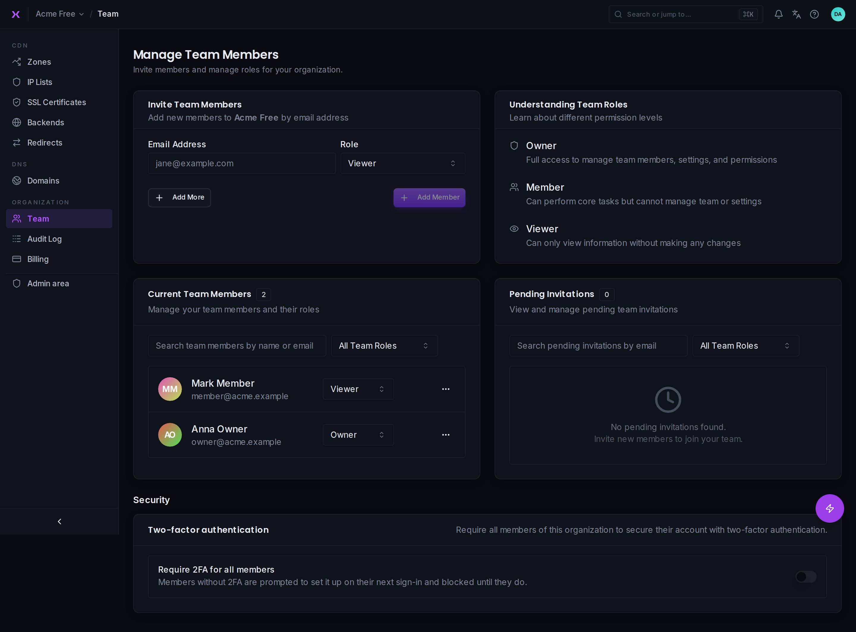 Team management: members, pending invitations, roles, and the 2FA requirement.