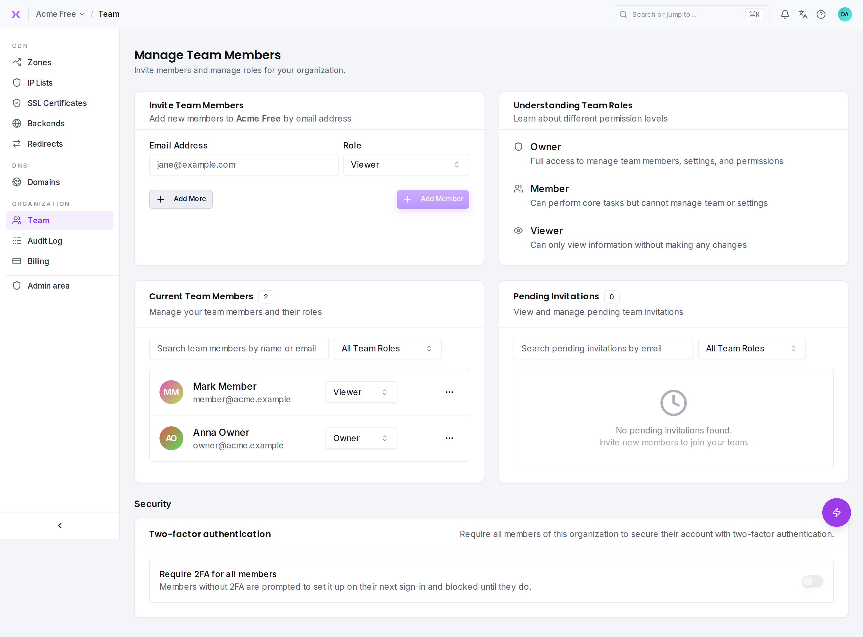 Team management: members, pending invitations, roles, and the 2FA requirement.