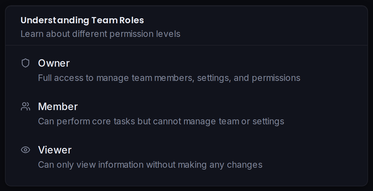 The team roles card summarising Owner, Manager, and Viewer permissions.