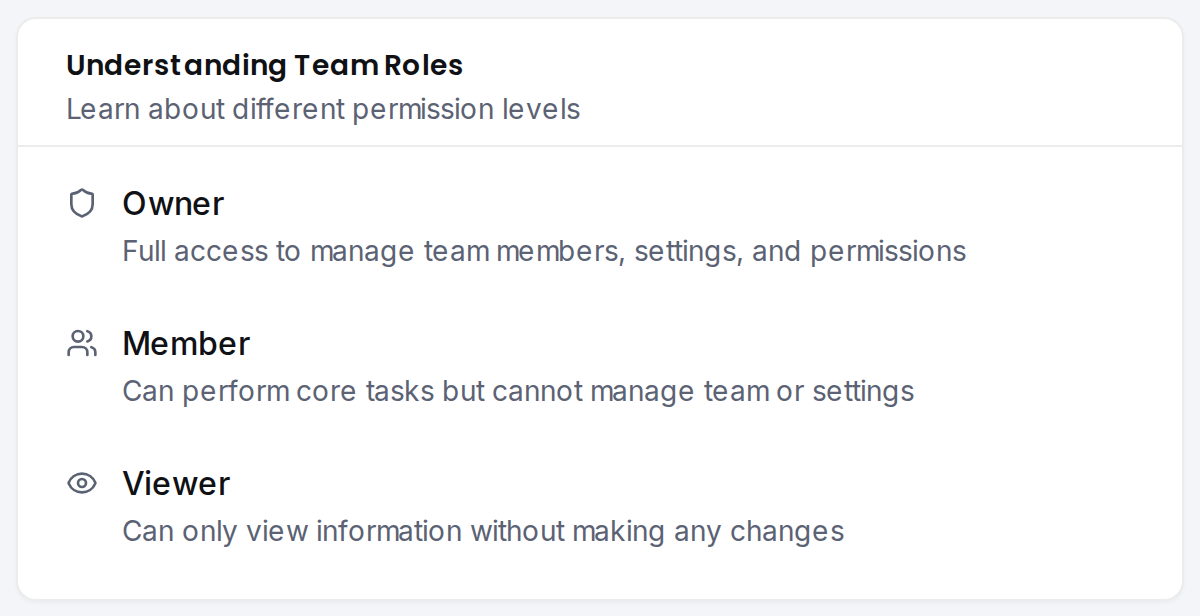 The team roles card summarising Owner, Manager, and Viewer permissions.