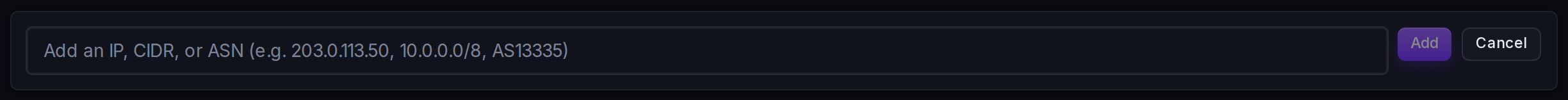 The inline Add-entry form for the allowlist: an IP or CIDR range, with no action to choose.